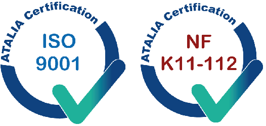 Logo Atalia Certification ISO 9001 et Logo Atalia Certification NF K11-112